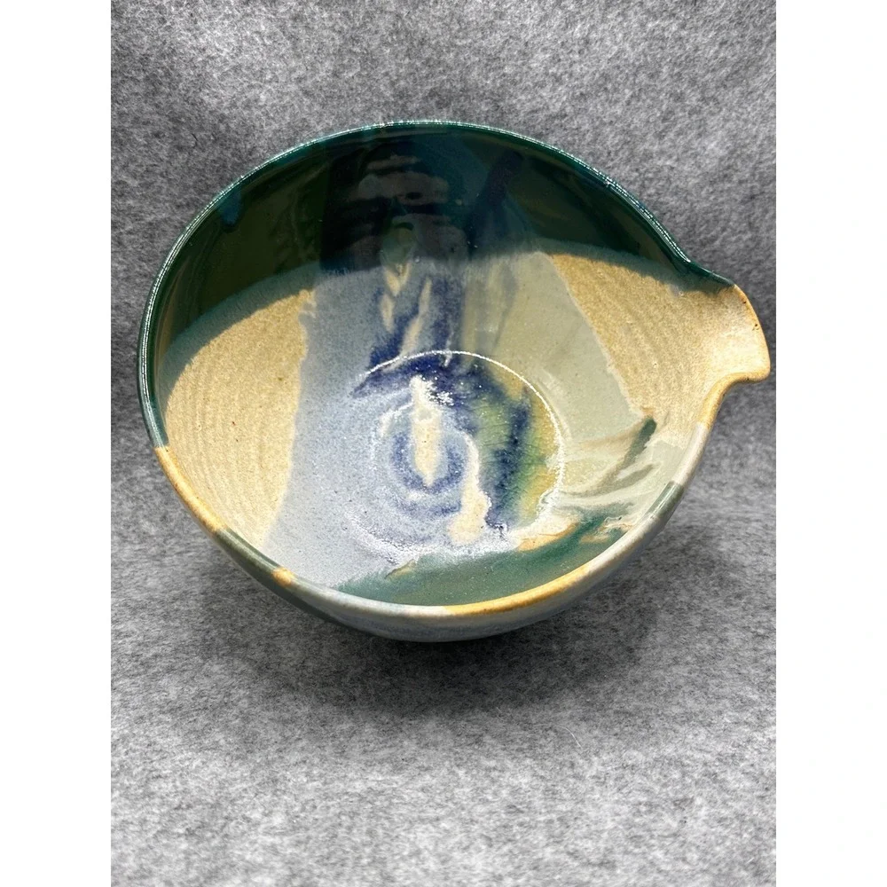 Handmade Studio Pottery Batter Bowl Green Blue Drip Glaze Signed Spout Handle